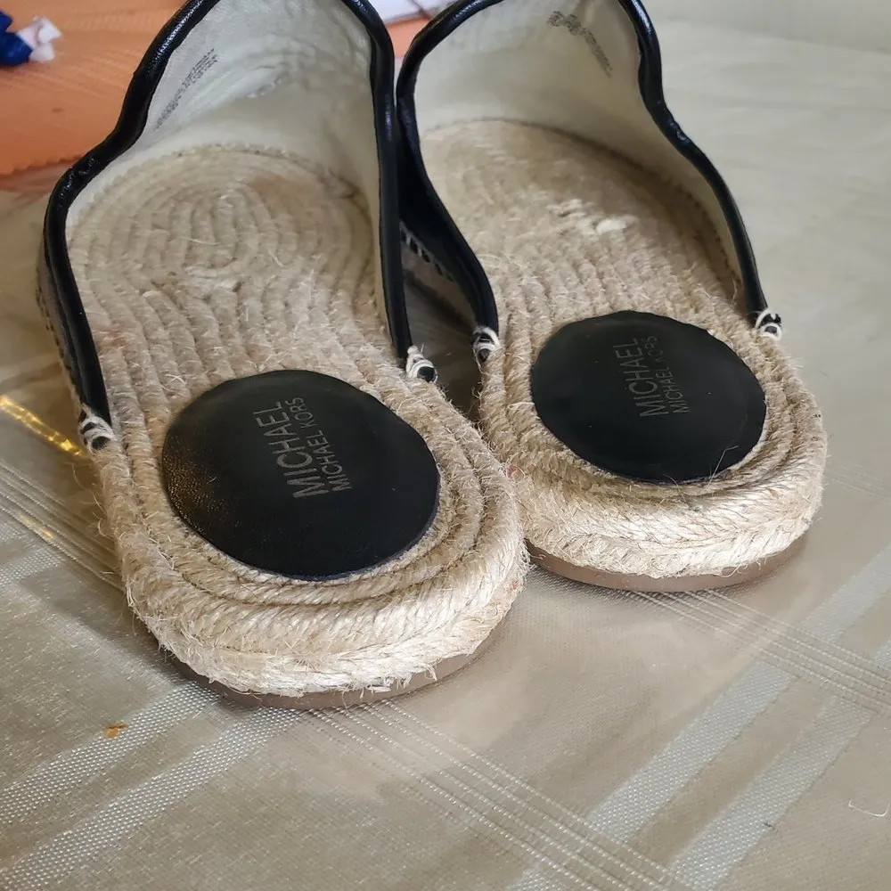 𝅺MICHAEL Michael Kors black Emilia Espadrille Slides Leather sandals-size 7M - Image 4