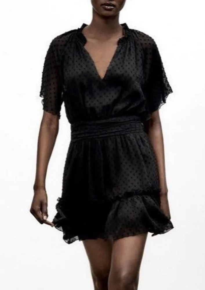 ZARA dotted mesh black v-neck sheet short sleeve mini elegant dress size M - Image 2