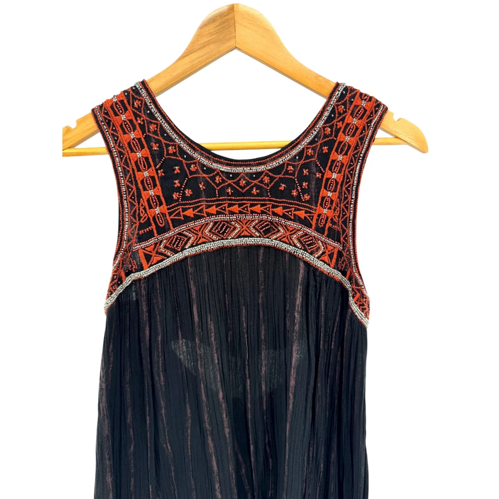 Free People Aztec Beaded Embroidered Bib Dress Black‎ Boho Festival Cotton Sz 4 - Image 2