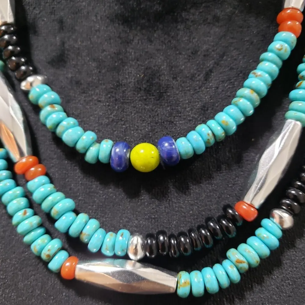 Women Fashion Native Turquoise Bead 3 Strand Collar Necklace with Lobster Clasp Blue - Image 4