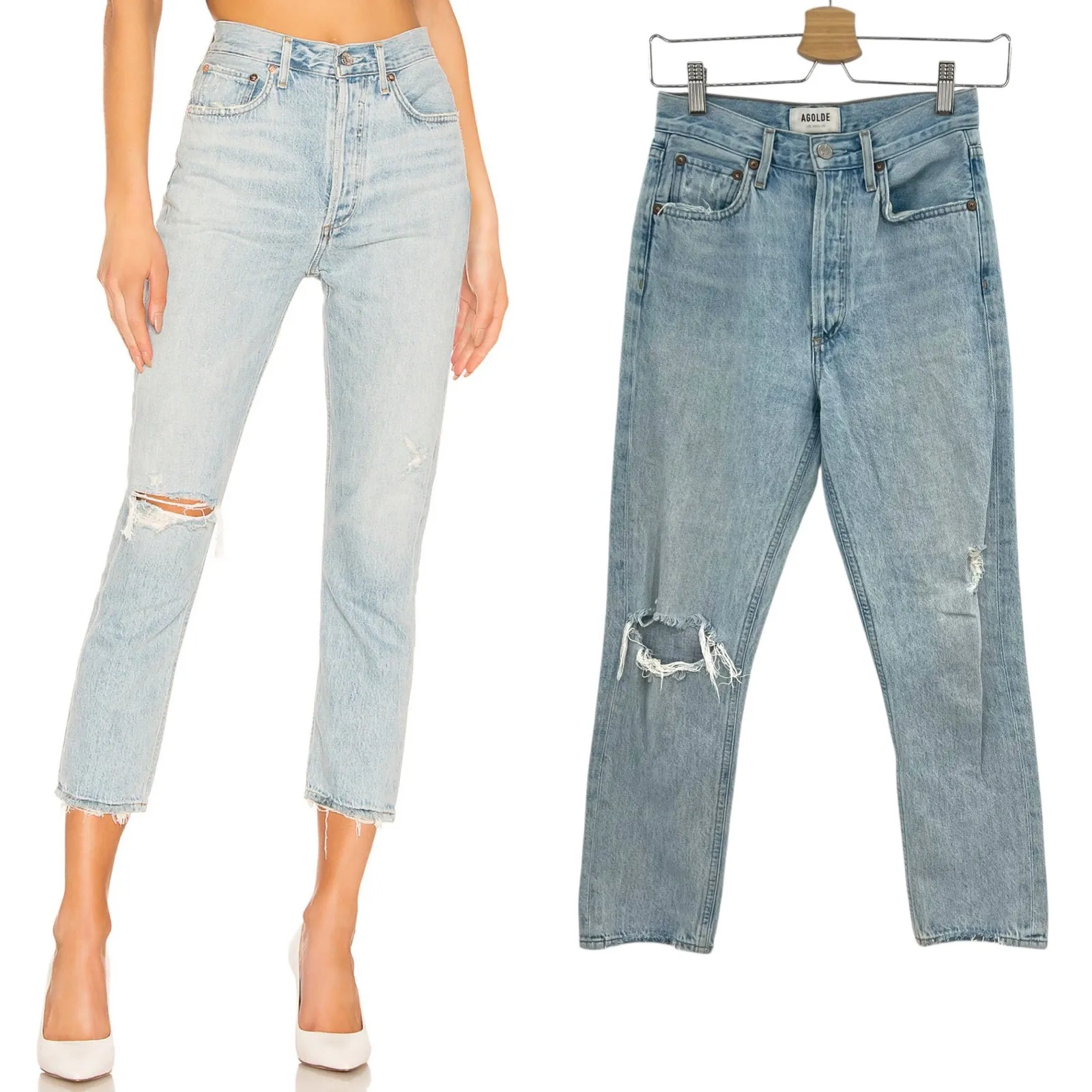 Agolde Riley High Rise Straight Crop Jeans Denim Shatter Wash Blue Size‎ 24 - Image 2