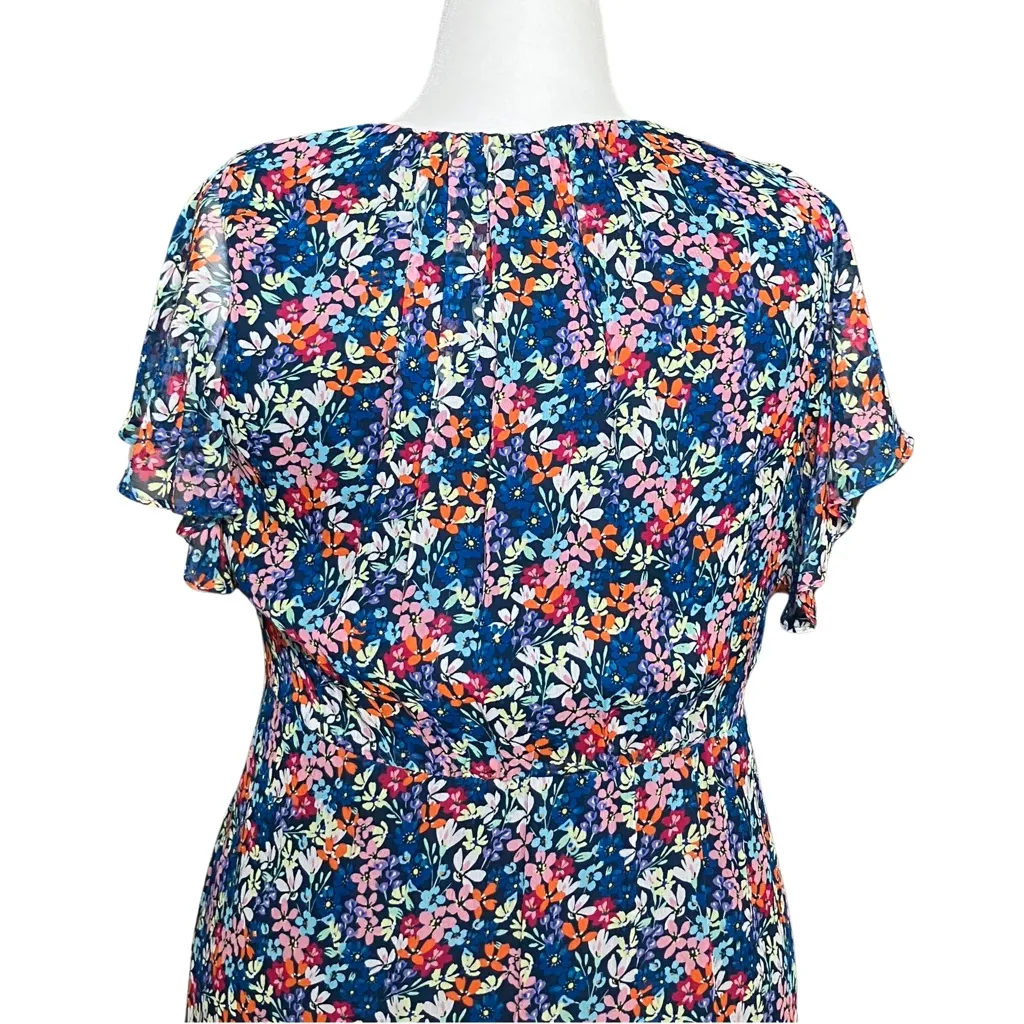 100% Silk Shoshanna Blue Colorful Floral Asymmetrical Fairy Midi Dress Large 12 - Image 10