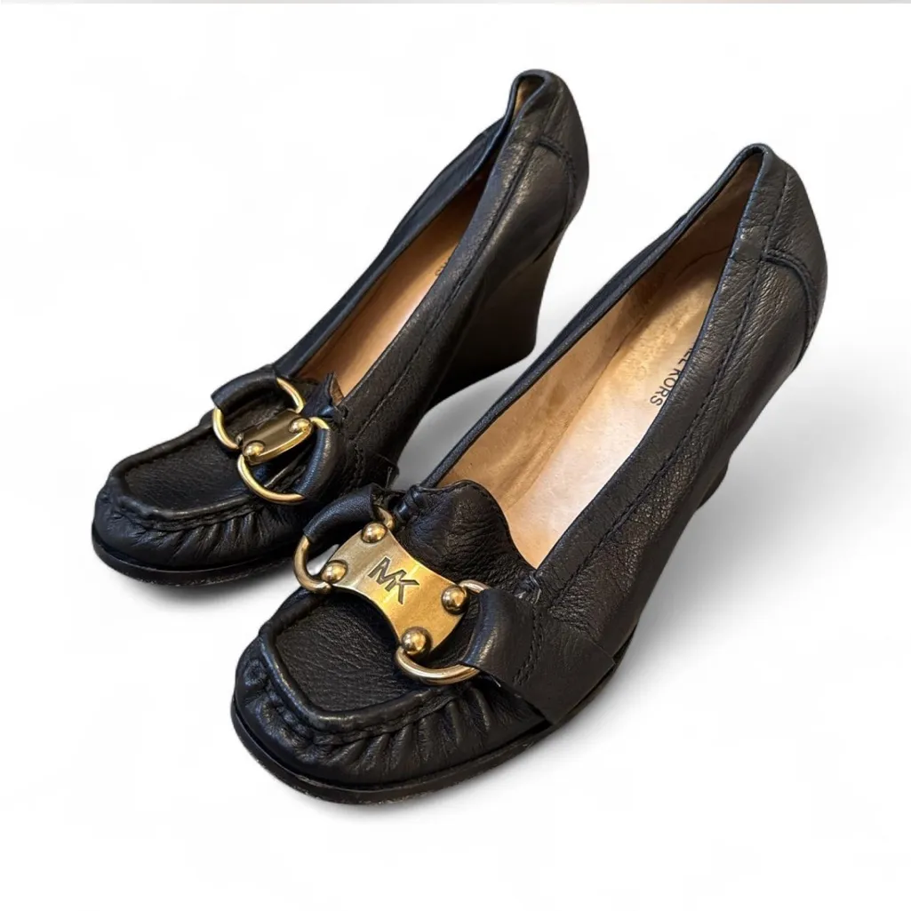 Michael Kors Black Leather Wedges with Gold Accent - Image 2