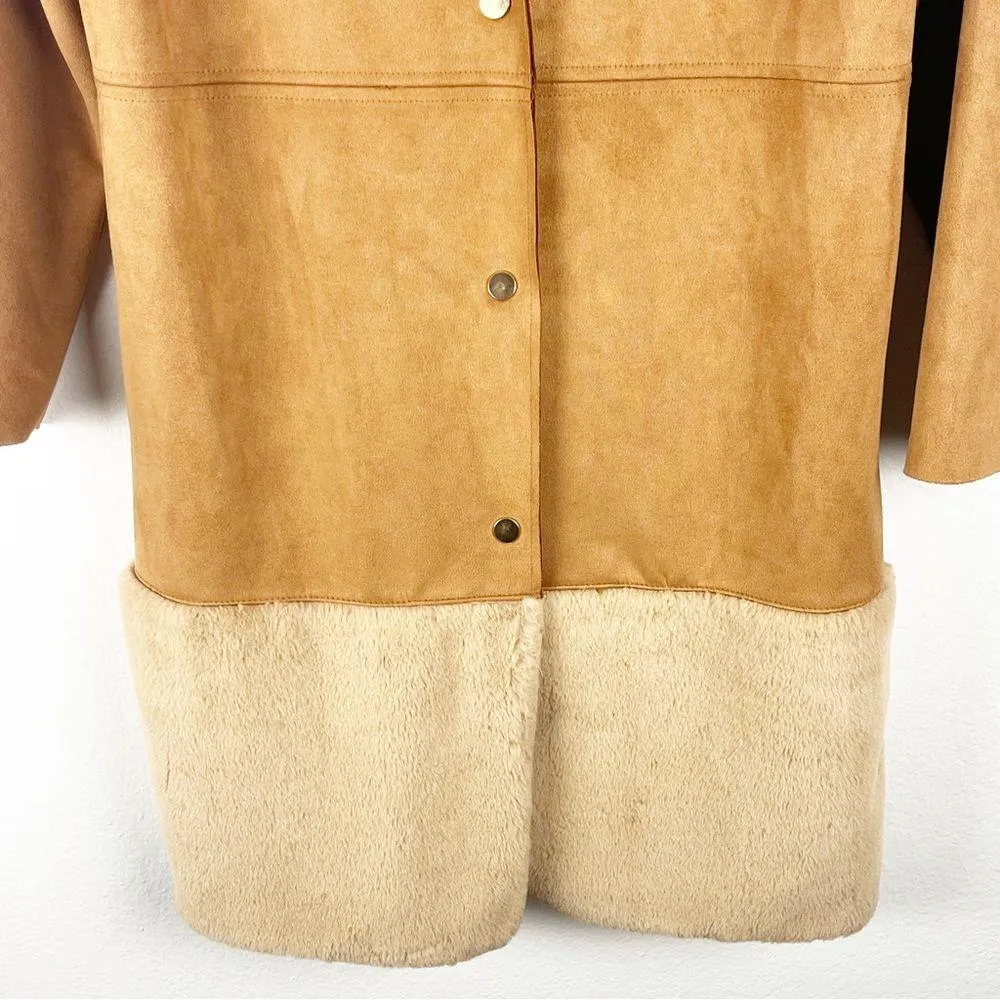 ZARA Faux Suede Vegan Fur Trim Camel Snap Button Closure Side Pocket Coat Small - Image 8