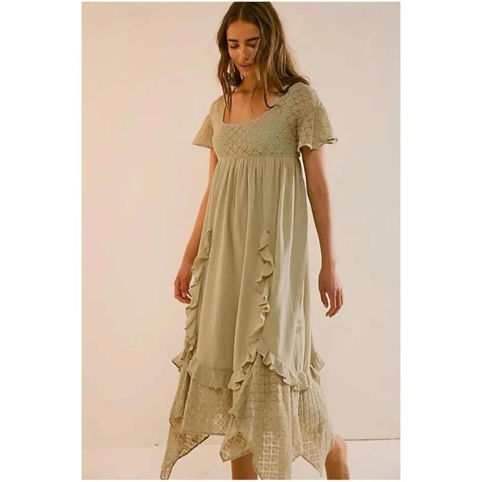 Free People Ethereal Bohemian Bring The Romance Midi Maxi Dress Moss Medium - Image 13