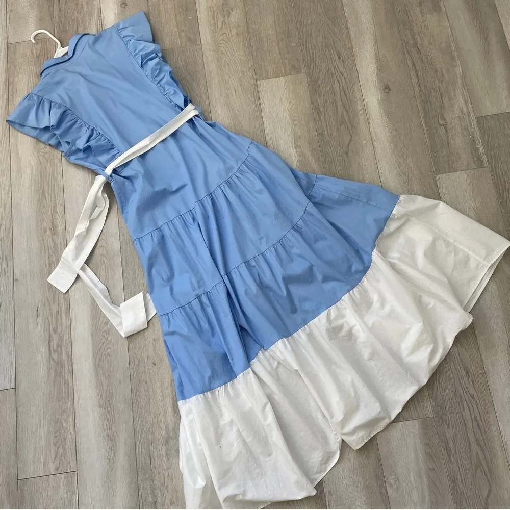 Sandro Ferrone Dress poplin tiered ruffle maxi womens Blue (medium) preppy party - Image 5