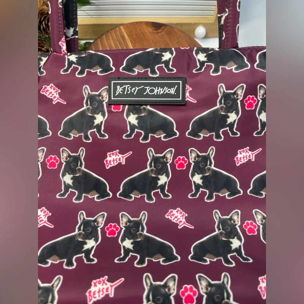 Betsey Johnson French Bulldog Print Tote Bag Burgundy Zip Top - Image 2