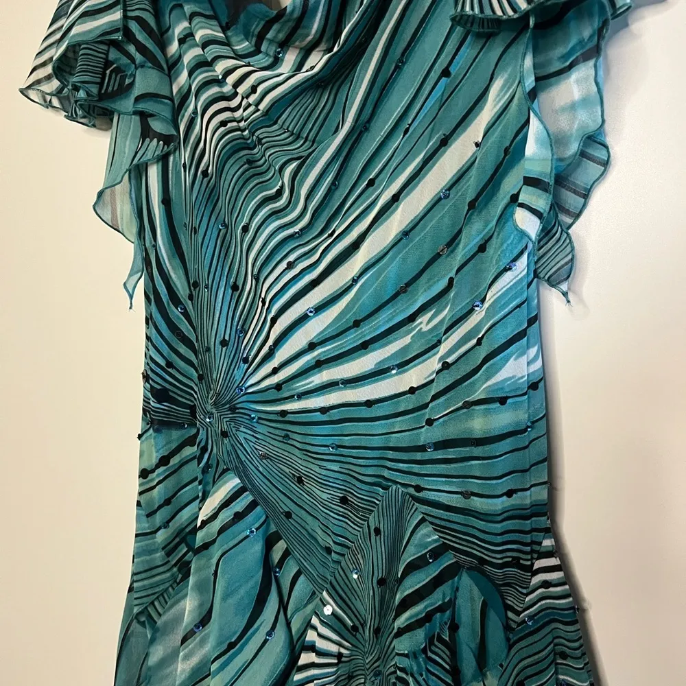 Vintage Robbie Bee Teal Abstract Chiffon Occasion Dress Size 14 - Image 6