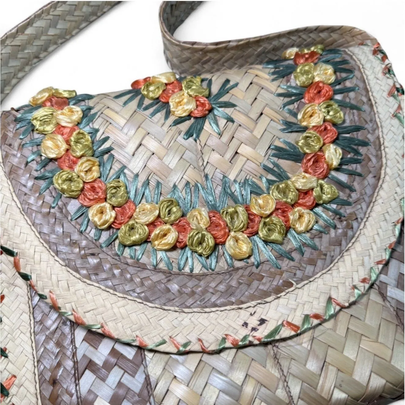 Vintage 1960s Cabana Floral Wicker Raffia Woven Straw Purse Handbag Philippines Yellow - Image 2