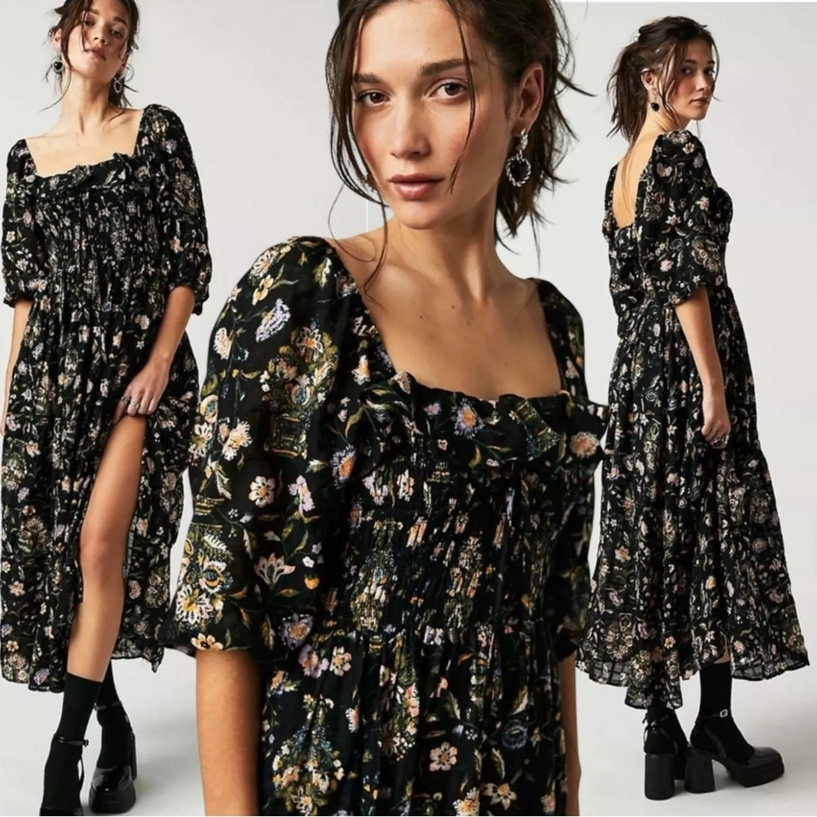 Free People Witchy Oasis Printed Midi Dress Black Floral Small Bohemian Prairie - Image 3