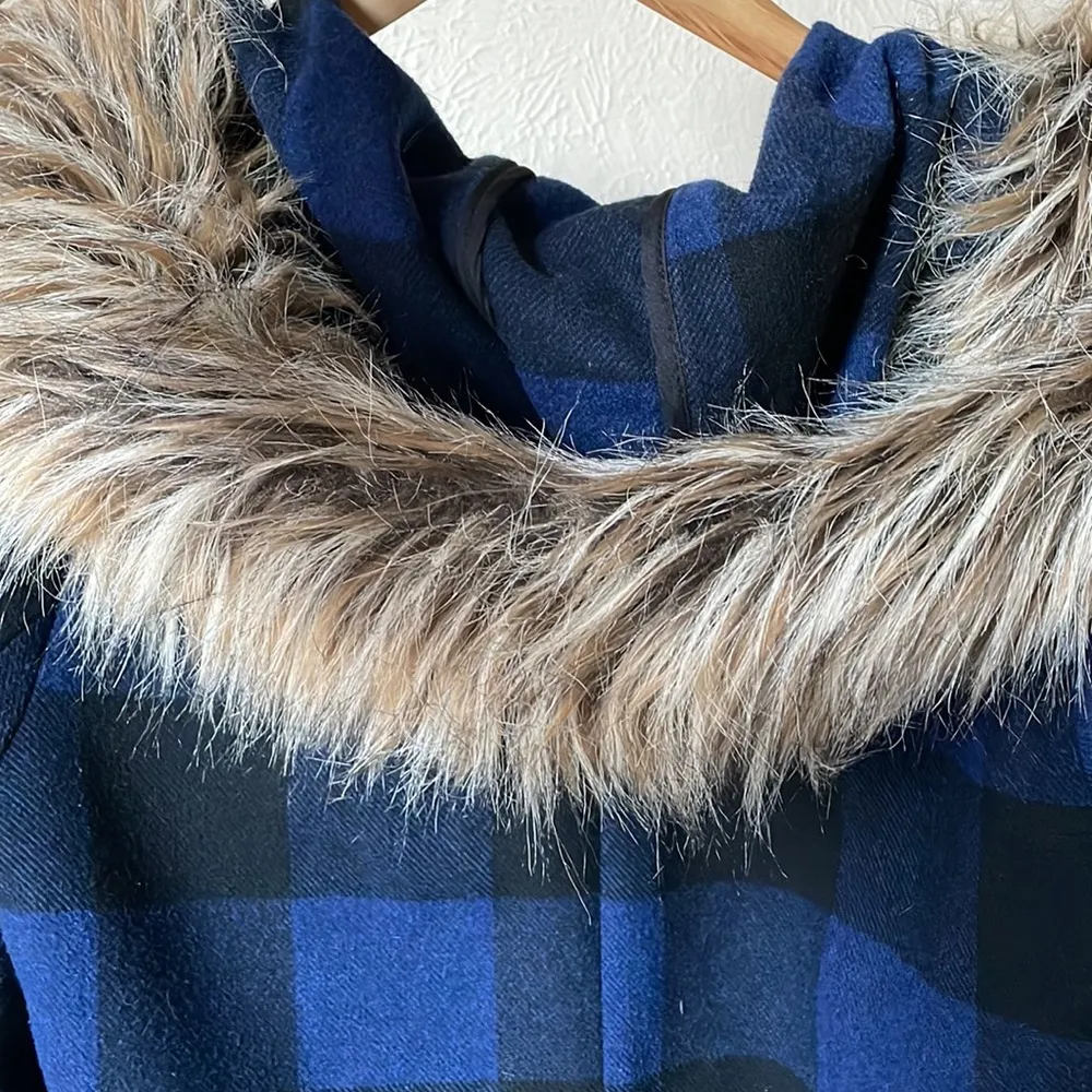 BB Dakota Jaslene buffalo plaid check fur hood long coat - Image 6