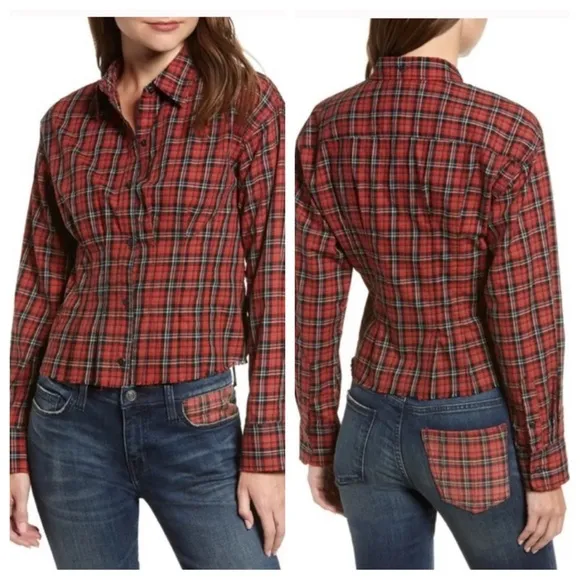 current elliott tella plaid raw edge long sleeve button down shirt - Image 2