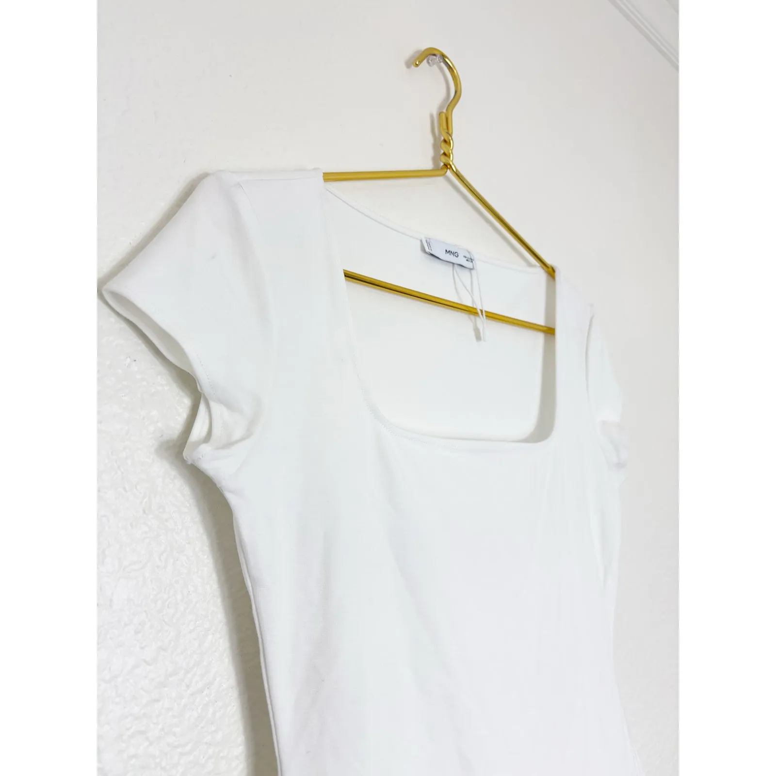 Mango White Bubble Hem Mini Dress Size Small Square Neck Stretch - Image 8