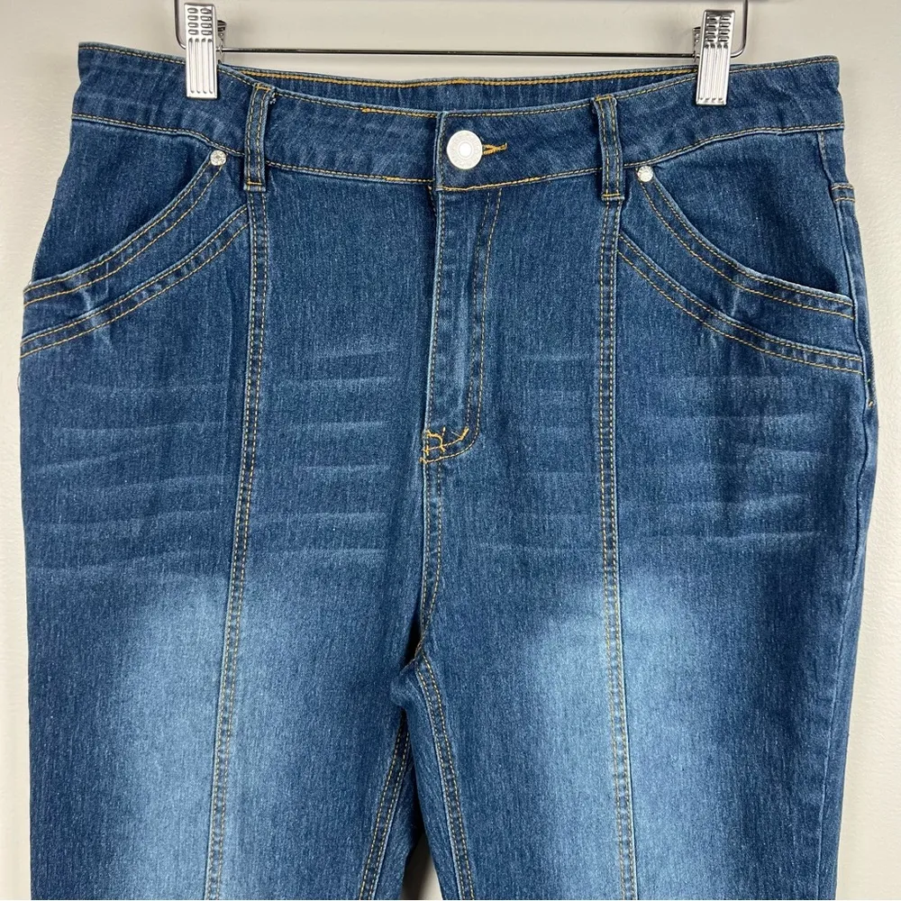 Awesome Mid Waist Wide Leg Jeans, lightly distressed, comfy, boot/bell bottom XL Blue - Image 5