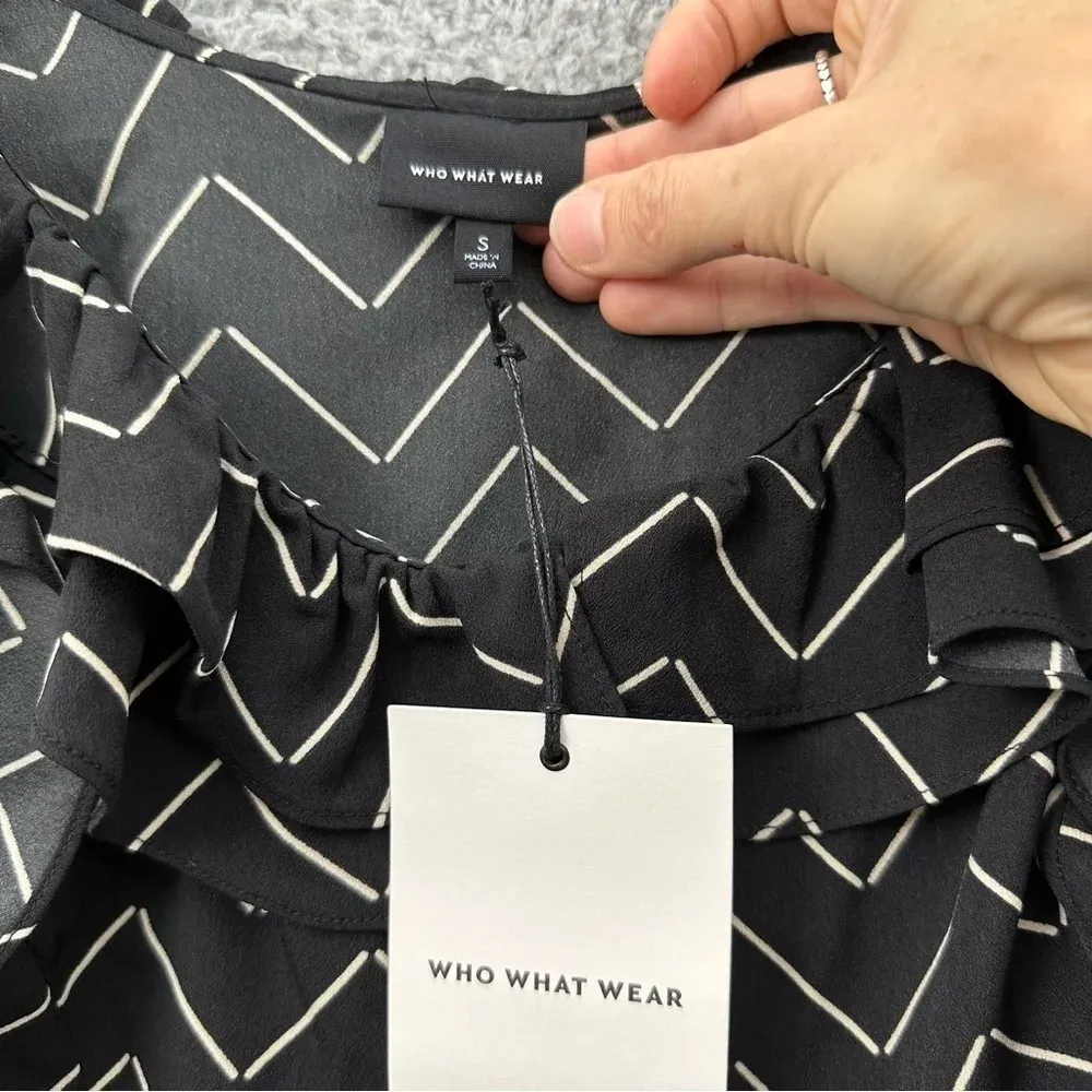 NWT Who What Wear Sleeveless Ruffle Midi Dress Black Tan‎ Women's Small - Image 5