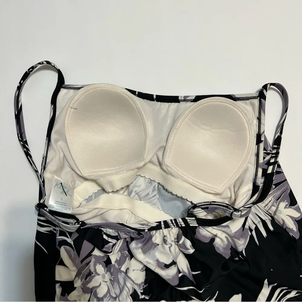 Kona Sol Blouson Tankini Top Black White Tropical Floral Pattern NWOT S - Image 8