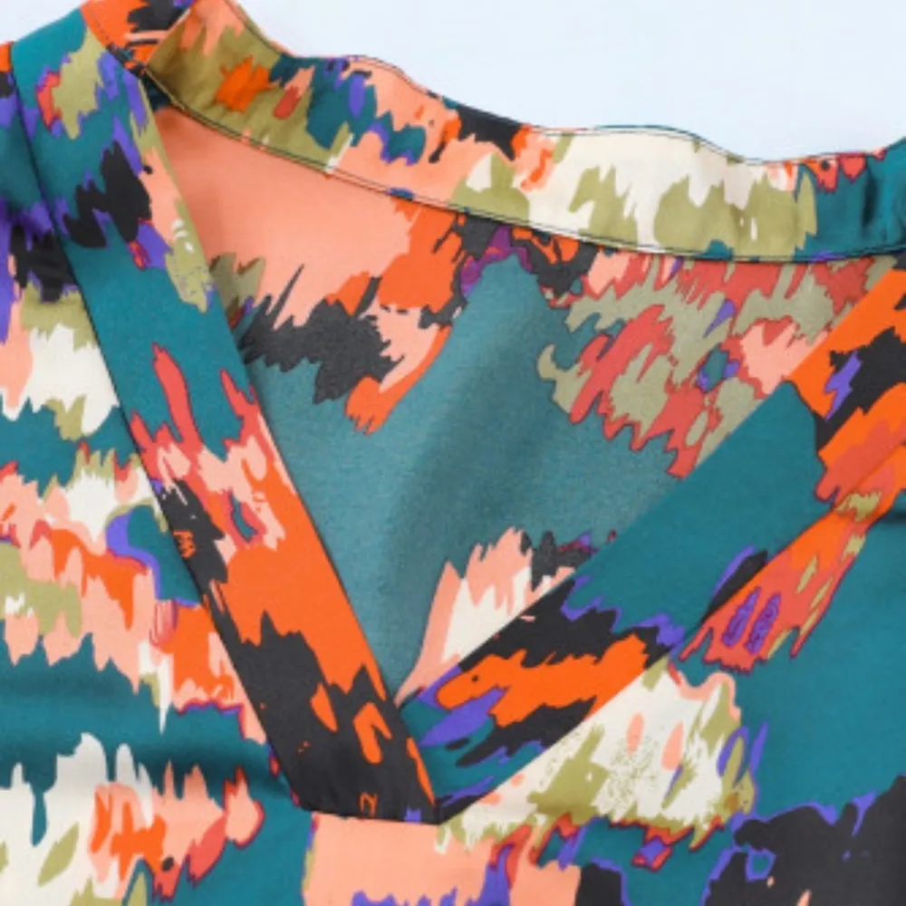 NEW Deep Turquoise Abstract Multicolor Print Belted Ruffle Satin Mini Dress Size XL - Image 13