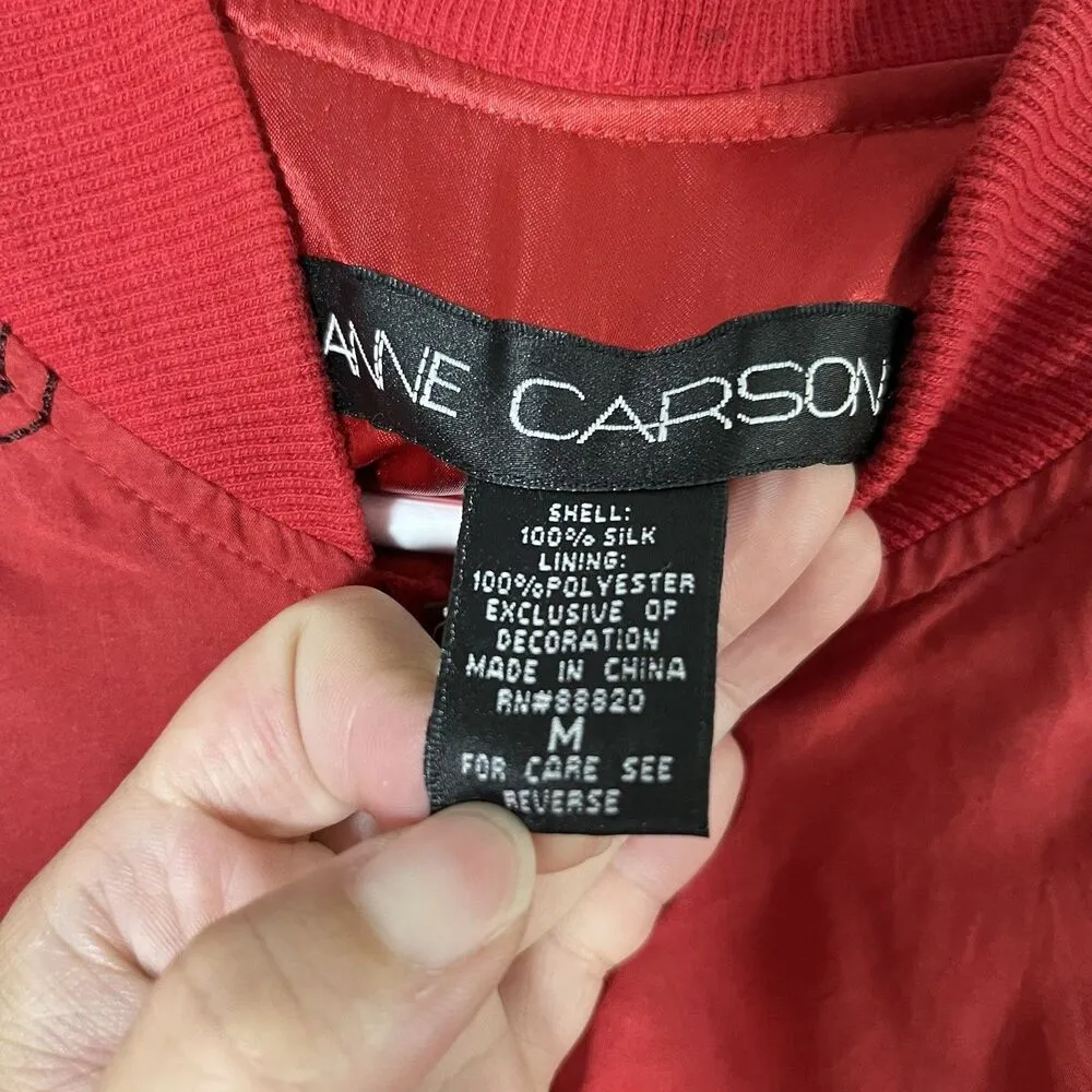 Anne Carson Workshop Red Silk Floral Embroidered Bomber Jacket Women Sz M - Image 7