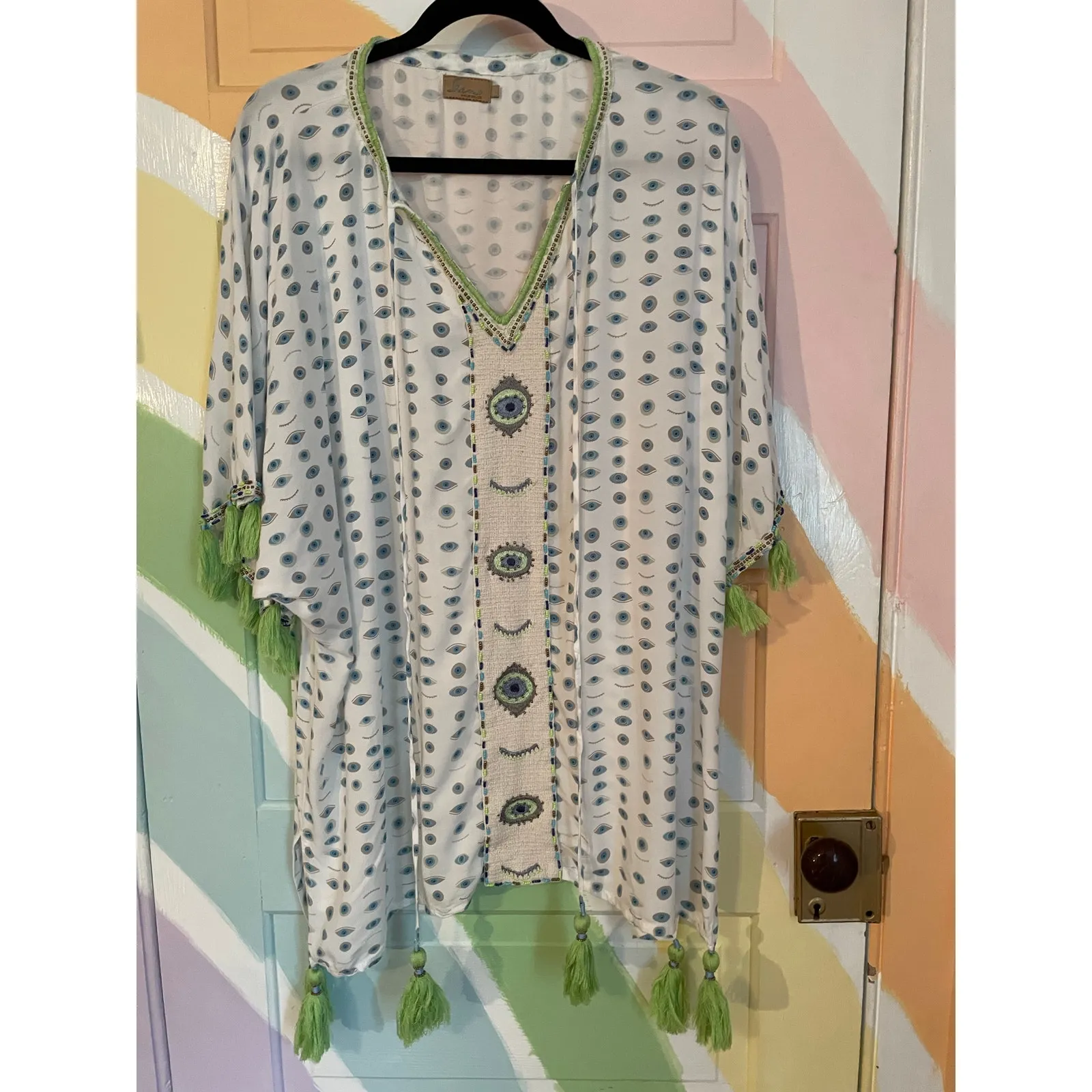 Skemo Beaded Kaftan Cover Up Dress Evil Eye Print Tassel Trim Size S White - Image 3