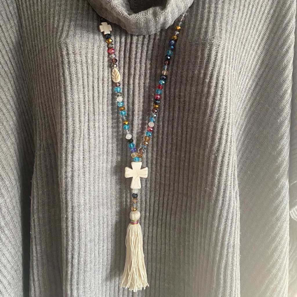 1Pc Boho Sweater Necklace Colorful Beaded‎ Cream Tassel Cross Charm Fashion Blue - Image 5