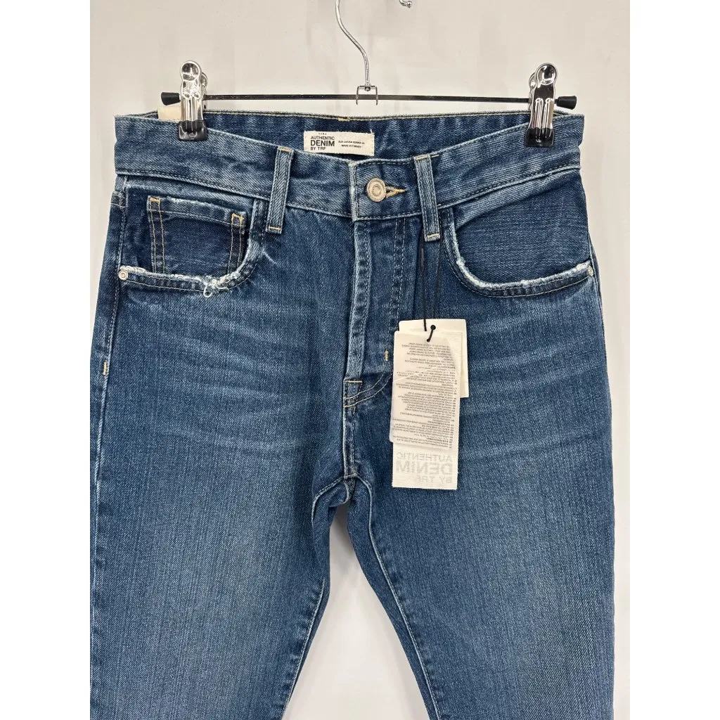 Zara Straight Leg Button Fly Jeans Womens 2 Blue Cotton Raw Hem Side Slit NEW‎ - Image 2