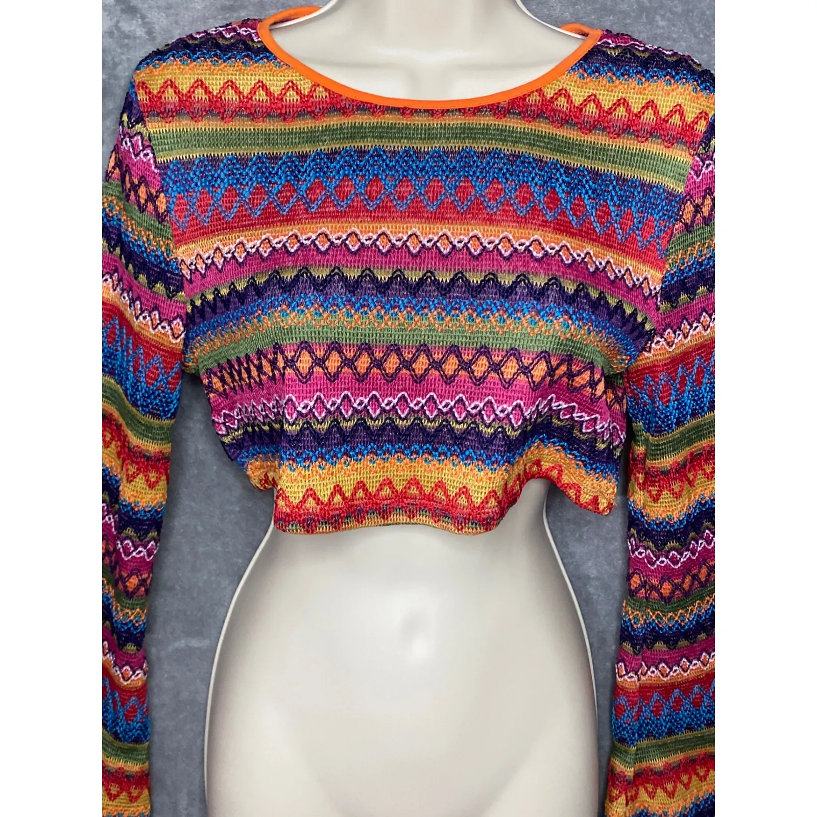 SHEIN Cropped Sweater Colorful Geometric Long Bell Sleeve Orange Trim Women's M - Image 2