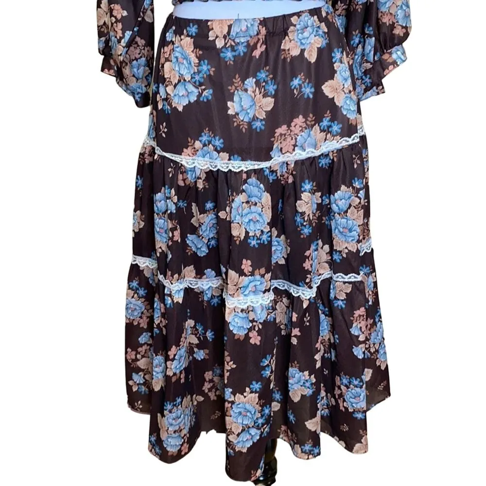 Vintage 70's 2 Piece Prairie Ruffle ace Floral Blouse & Skirt Size 6 Brown - Image 5