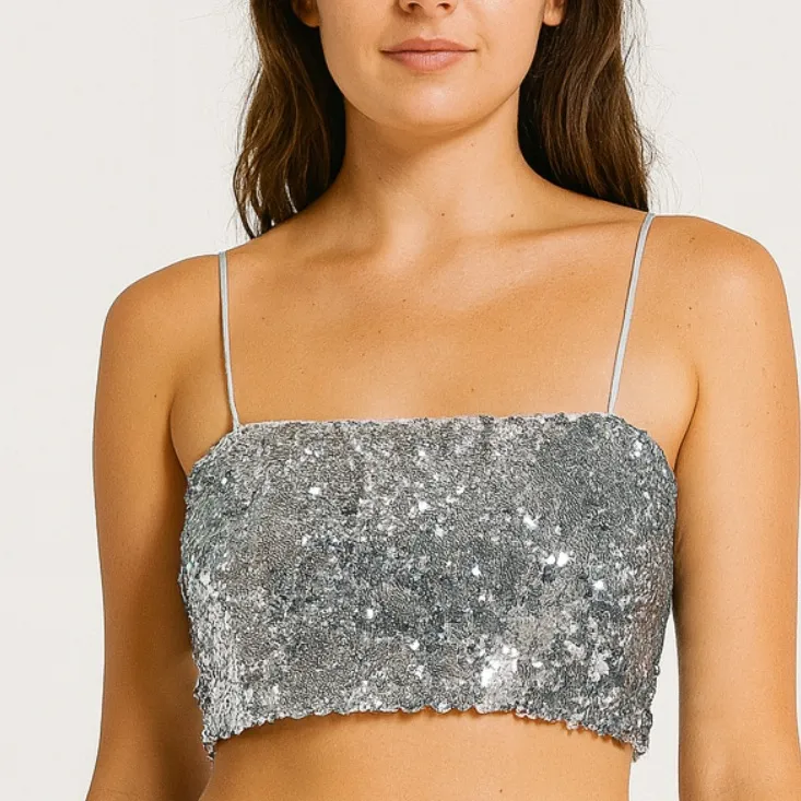 Woman’s ASTR Silver Sequin Spaghetti Strap Crop Top Size Small - Image 2