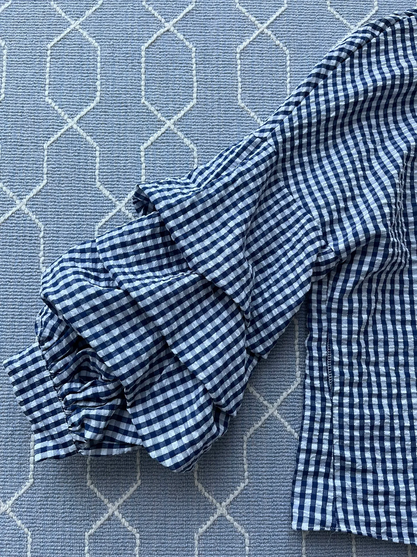 Womens Checkered V Neck Tie Front Tiered Sleeve Blouse Blue Sz Small - Image 4