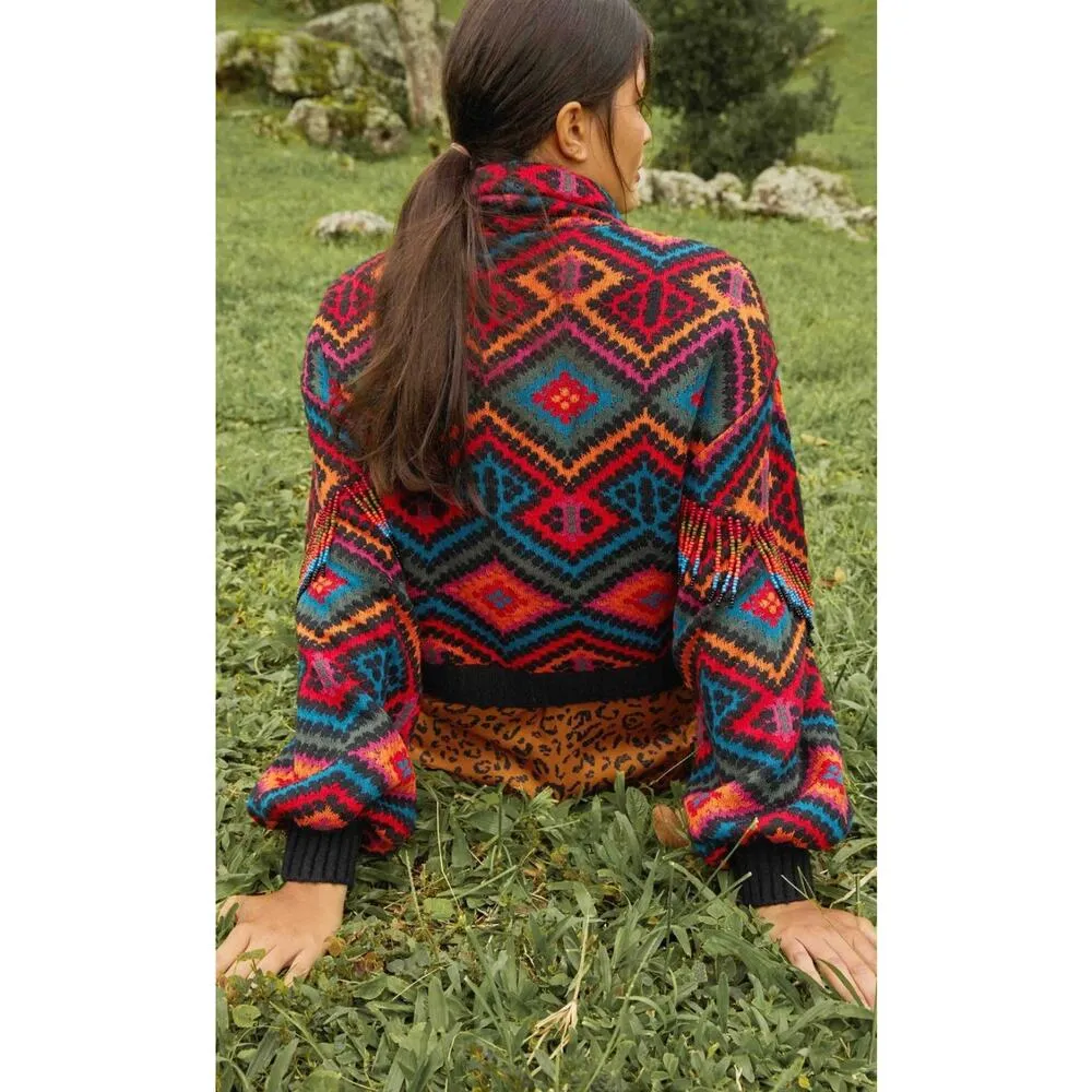 Farm Rio Rauti Beaded Sweater Small Turtleneck Aztec Knit Tassel Multicolor Top - Image 4