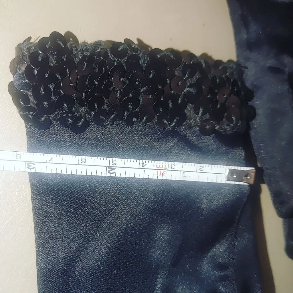 Small Black Sequin Evening Clutch Bag Kisslock Satin Spandex Gloves Set Vintage - Image 7