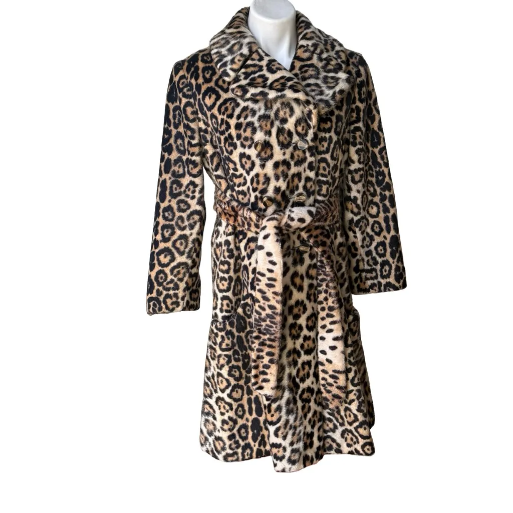 Vintage 1960’s Safari by Sportowne LaFrance Faux Fur Leopard Print Swing Coat Tan Size XS - Image 3