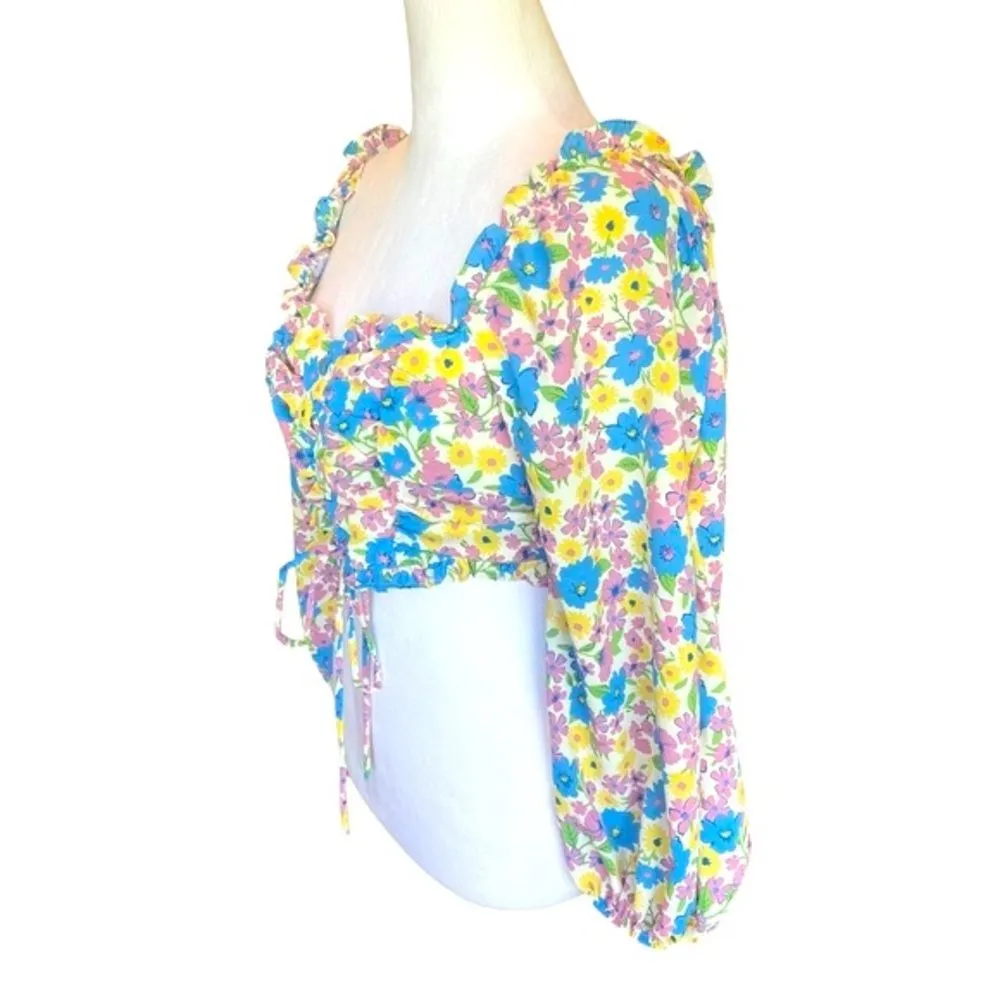 Fiestar Smocked Crop Top Front Lace Up Puff Sleeves Floral Womens Size Large NWT - Image 9