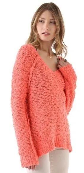 Free People Peach Songbird Pullover V-Neck Sweater - Image 2
