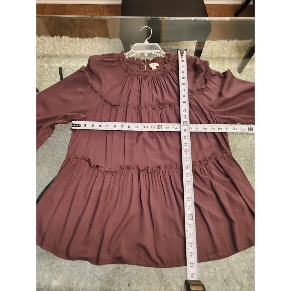 Beach Lunch Lounge Brown Boho Peasant Round Neck Long Sleeve Top Blouse Large - Image 7