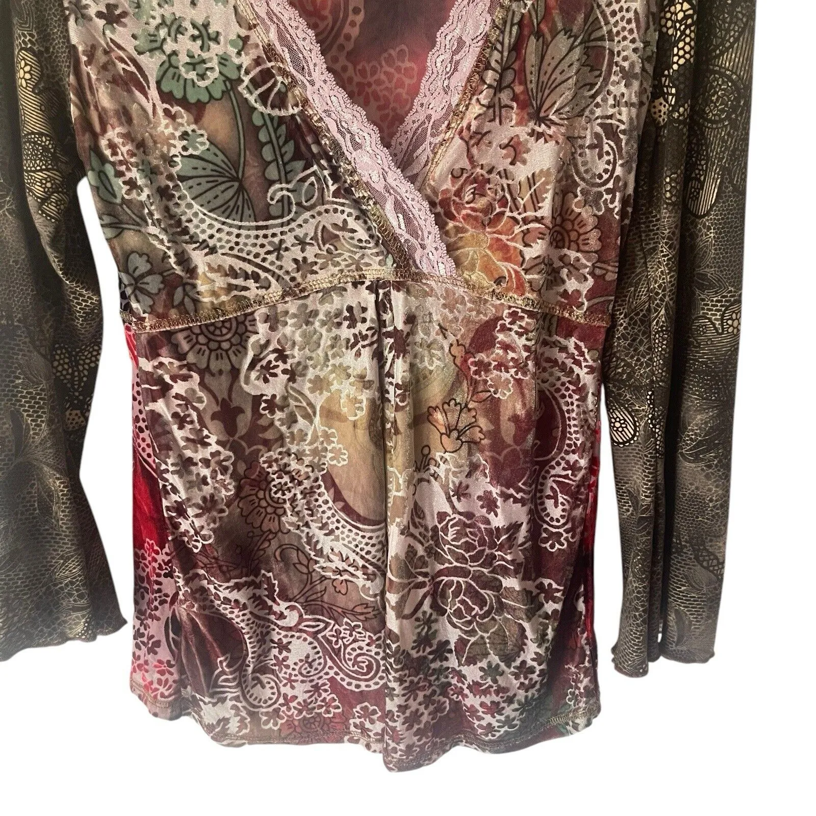 July Five Y2K Size Medium Velvet Burn Out Fairy Whimsical Lace Long‎ Sleeve Top - Image 4