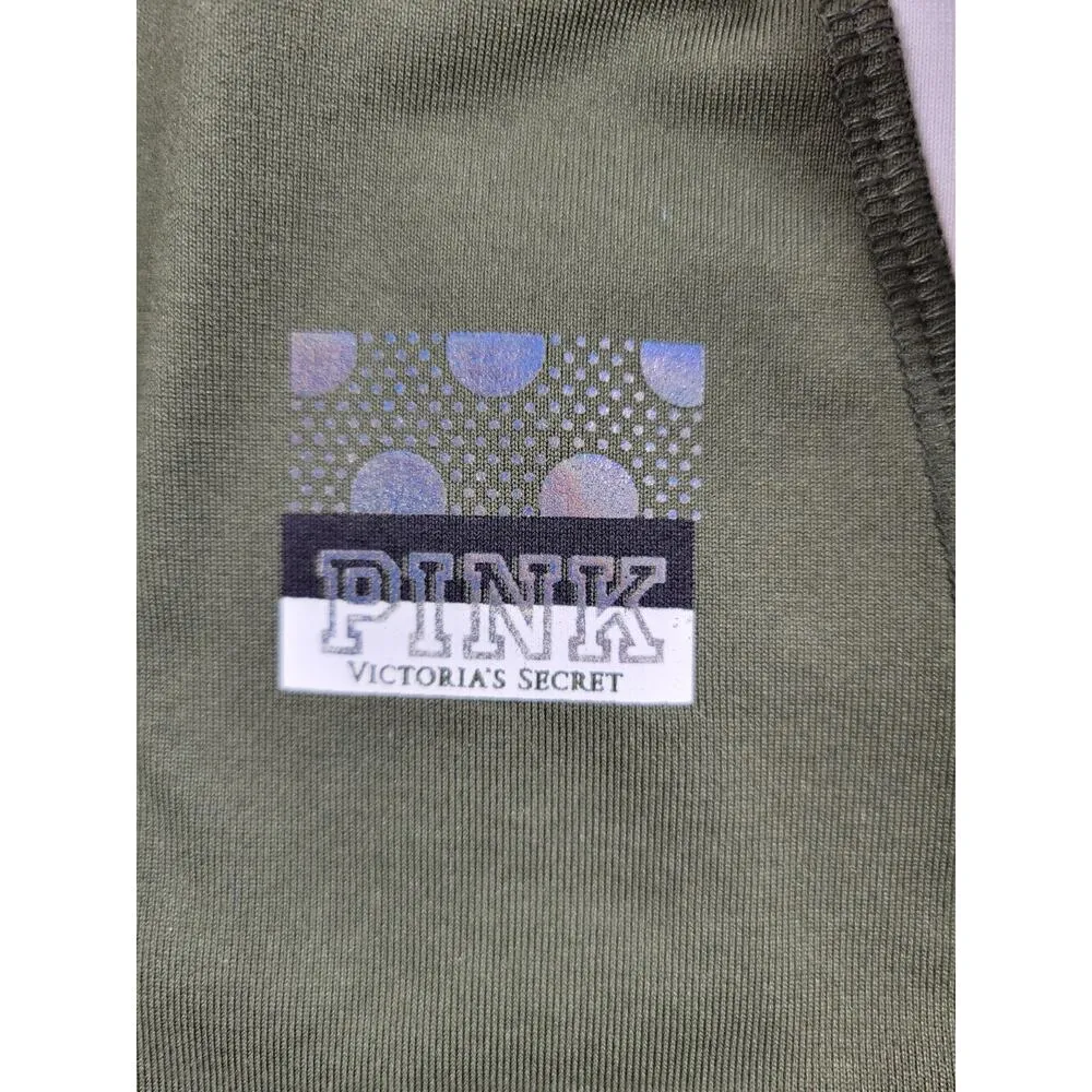 PINK Victoria's Secret Women's Track Jacket M Army Green Half Zip Thumbholes - Image 3