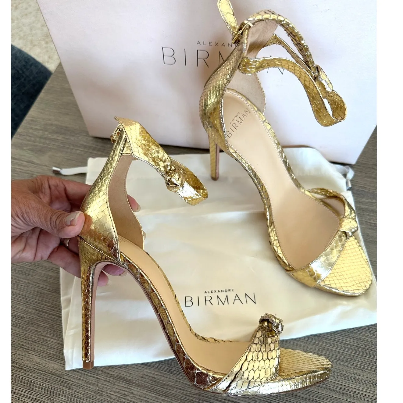 Alexandre Birman Metallic Gold Clarita Python Ankle Wrap Sandals Size 36.5 NEW - Image 3