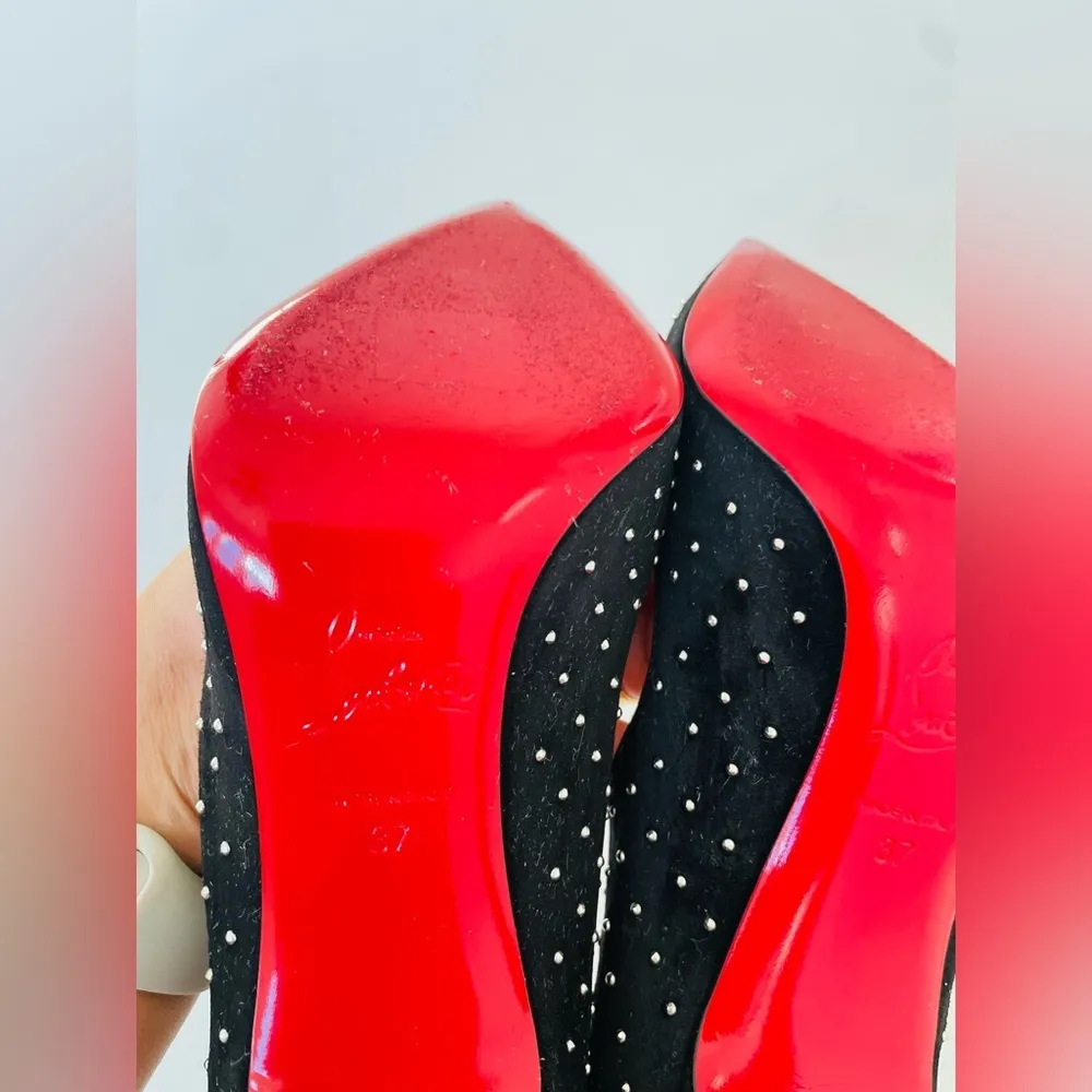 Christian Louboutin Black Suede leather Hot Chick 100mm studded plume pumps EU37 - Image 8