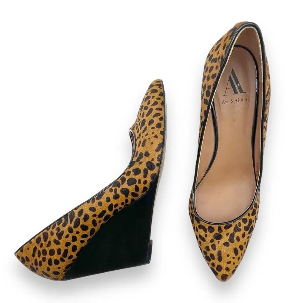 Ava & Aiden Leopard Print Calf Hair Pointed Toe Wedge Heels Black & Tan Size 9.5 - Image 2