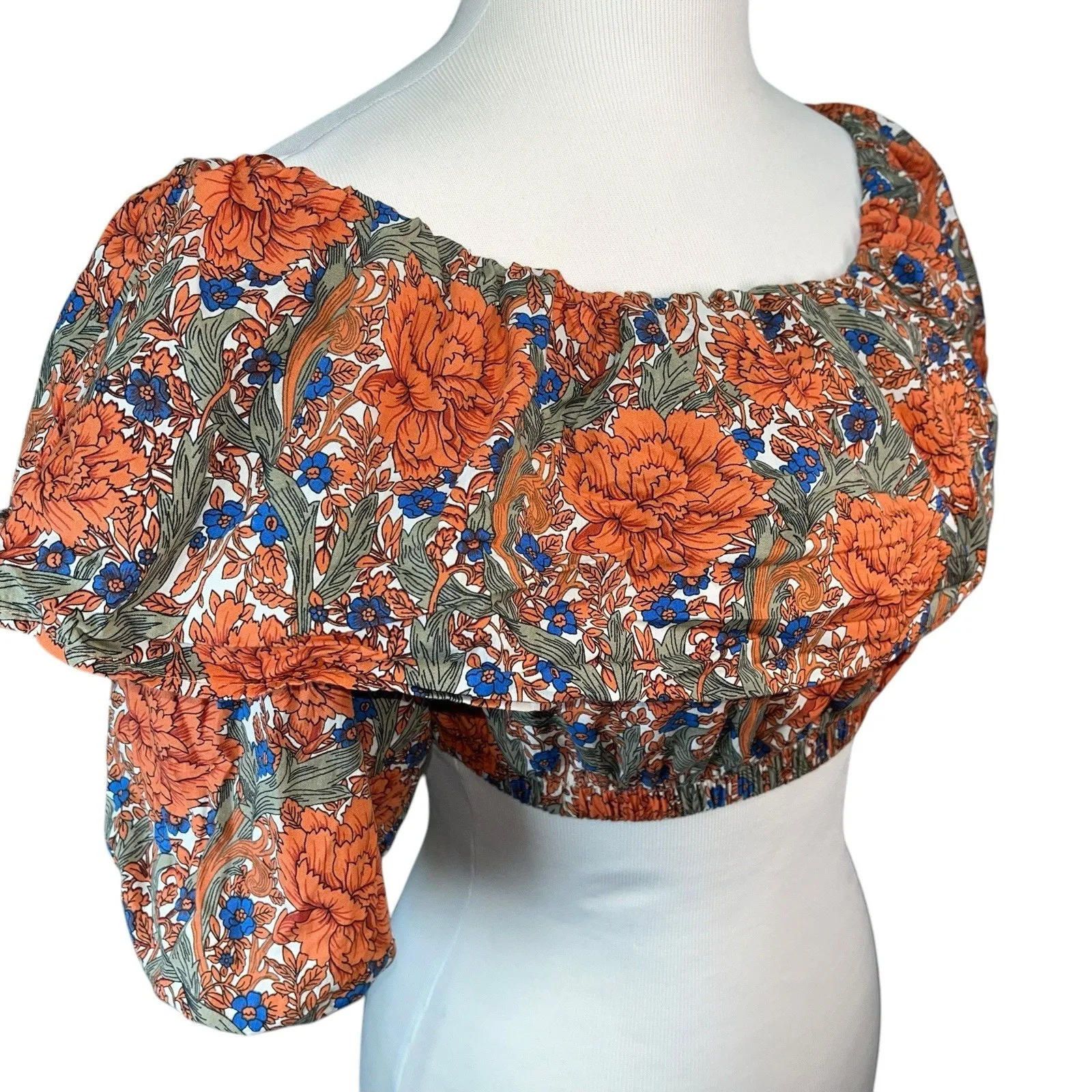 Zara Women's Blue Orange Multicolor Floral Flowers‎ Print Bohemian Crop Top M - Image 2
