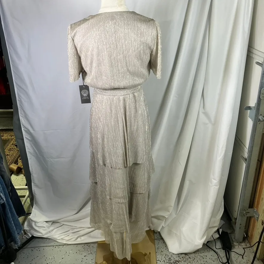 Vince Camuto Champagne Metallic Dress Tiered Maxi Smocked‎ Waist XS - Image 6