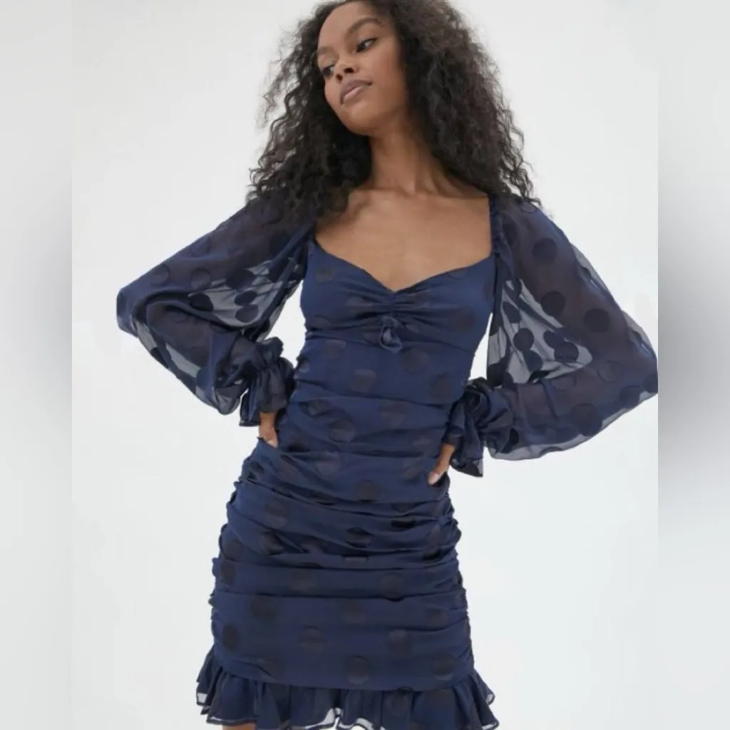 For Love and Lemons Lula Mini Dress Small Navy Blue Polka Dot Chiffon Ruched - Image 2