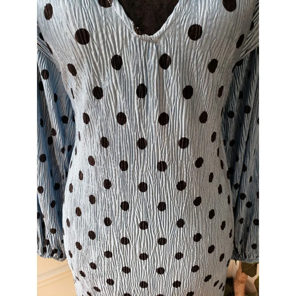 Zara Fit & Flare Dress Womens S Blue Black Polka Dot Shoulder Long Sleeve V Neck - Image 8