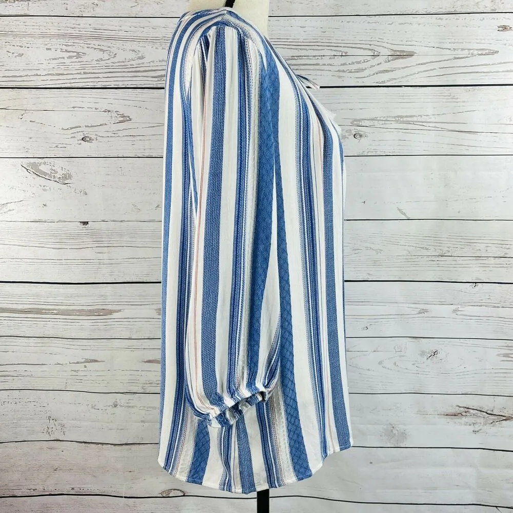 Style & Co Large Top 3/4 Puff Sleeves Tie Keyhole Neck Lightweight Striped New Blue - Image 4