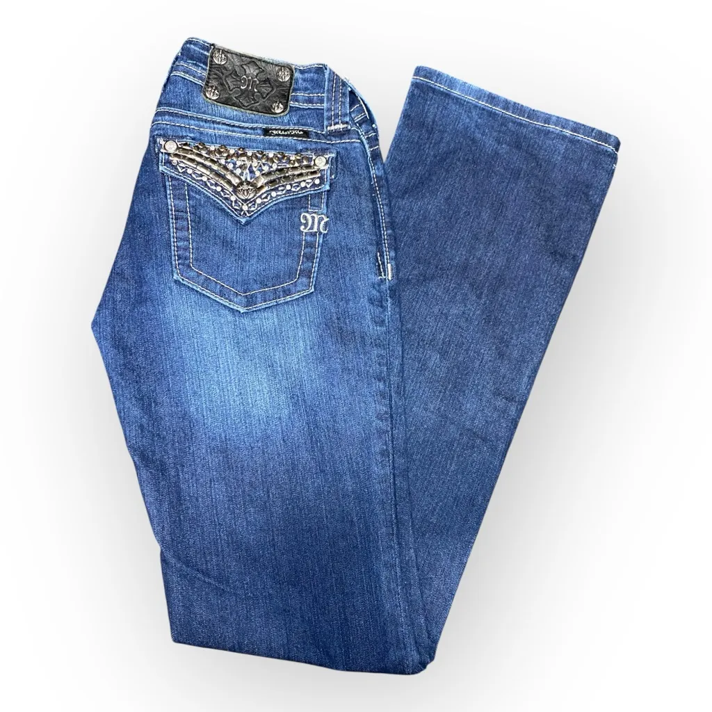 Miss Me Bootcut Jeans Blue Embellished Flap Pocket Size 27 Excellent - Image 3