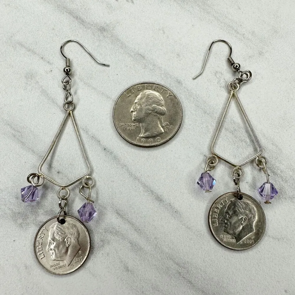 Purple Beaded US Dime Coin Dangle Earrings Pierced Pair Silver - Image 6