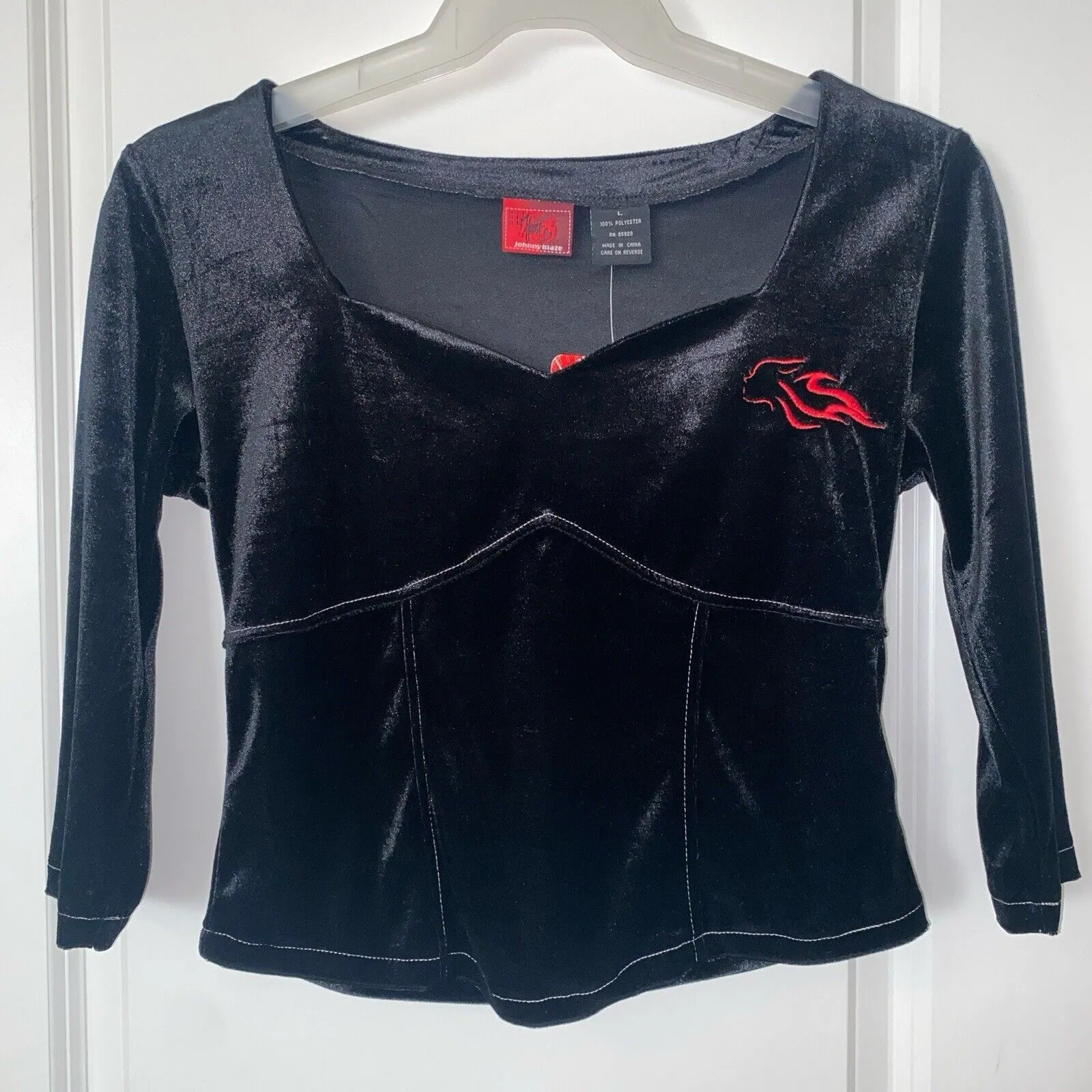 Women's Johnny Blaze Flames Vintage Dead Stock Stretch Velour Crop Top Black L Size L - Image 5