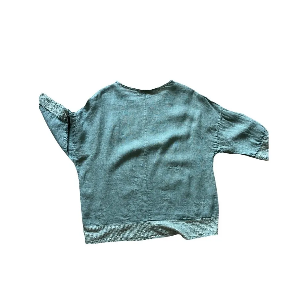 BELLAMBRA Italy Women's Linen Sequin Trim Casual Resort Summer Top L Blue Size L - Image 3