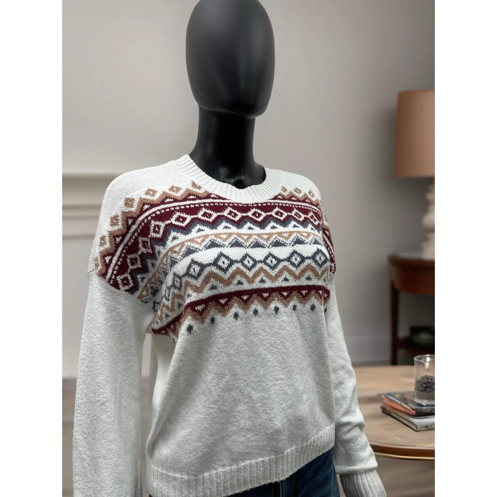 Hollister Fair Isle‎ Knit Sweater 60% Cotton Size M White Burgundy Tan - Image 2